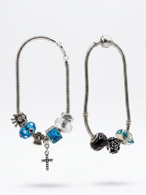 Silver Tone Charm Bracelets with Blue Glass Beads, Pandora style